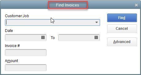The QuickBooks Find Invoice Window