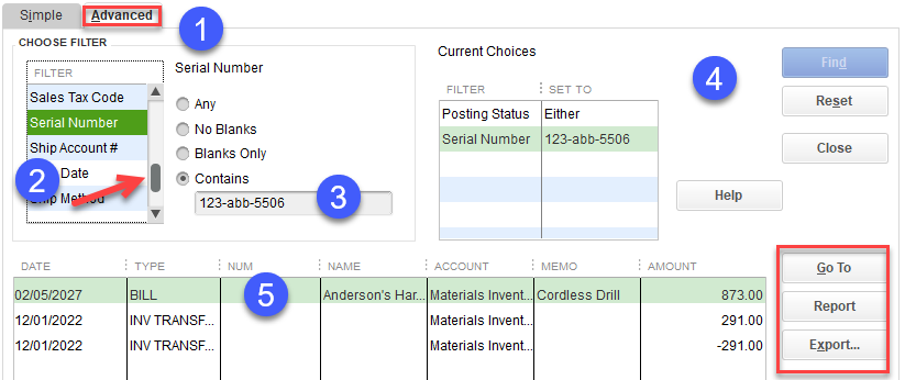 Find Serial Numbers in QuickBooks